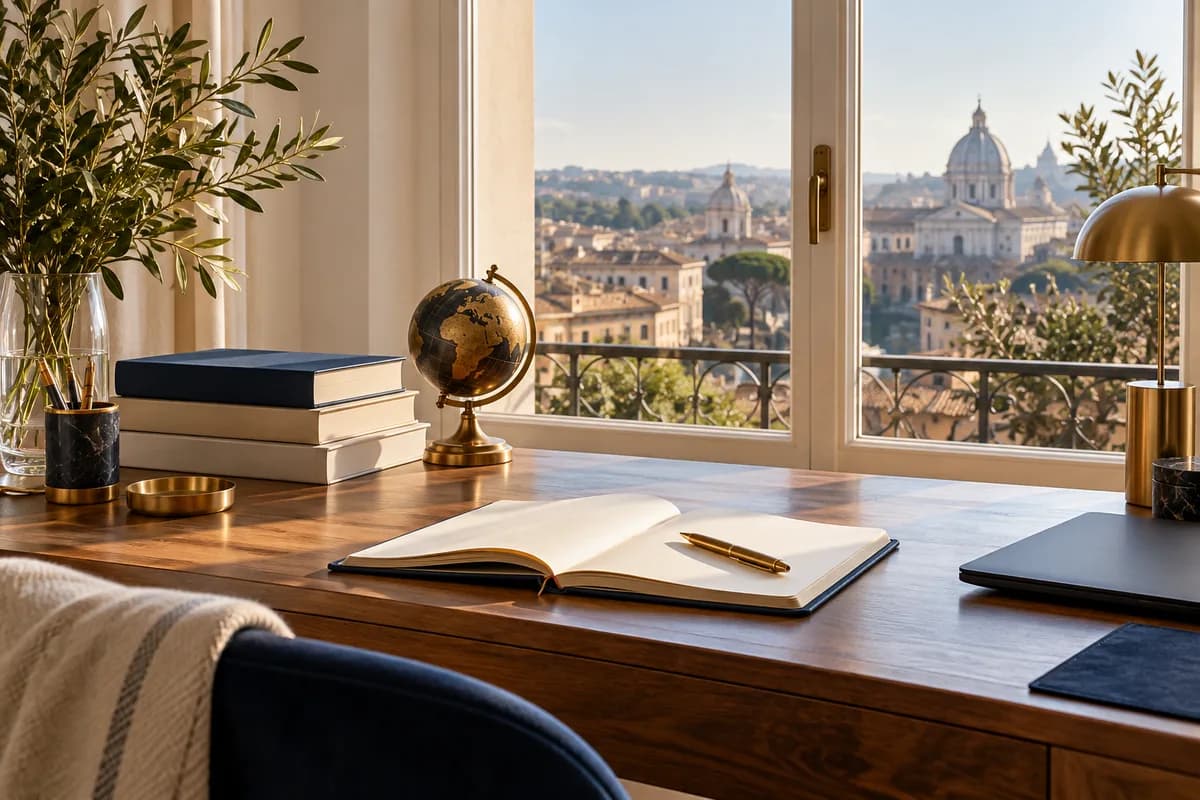 Sunlit international study space with a notebook and globe overlooking a European city